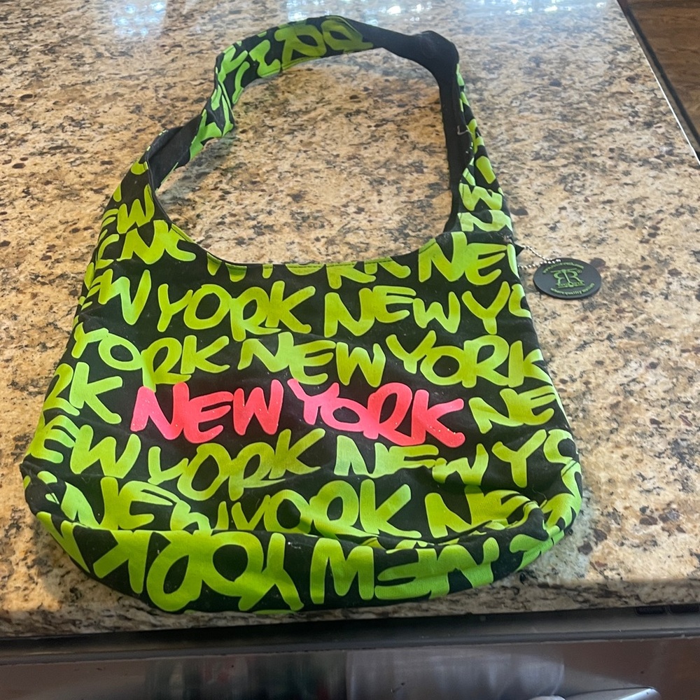 Trendy New York Graphic Shoulder Bag - Green and Pink